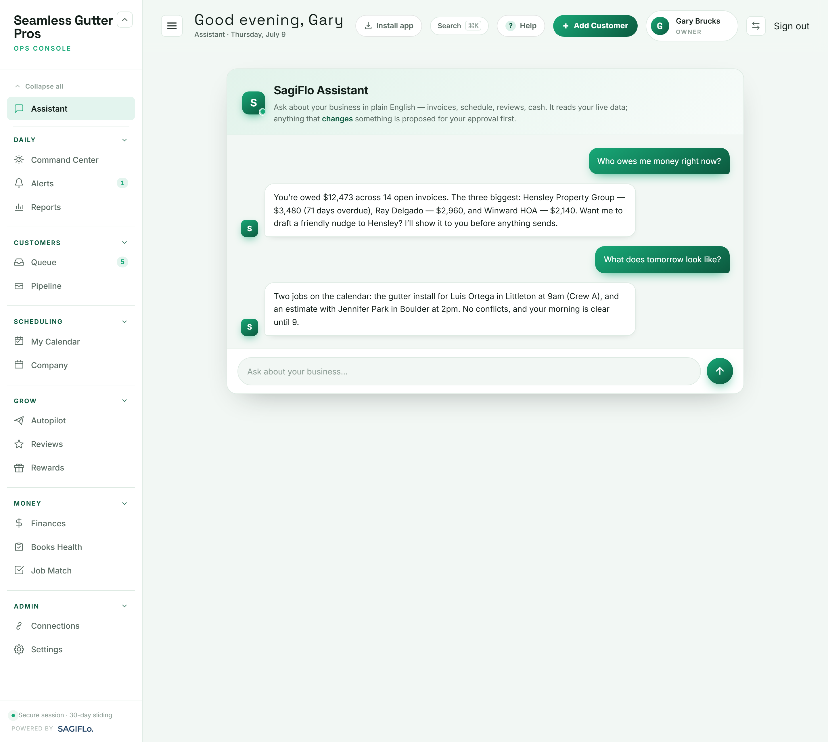 SagiFlo Assistant screen inviting plain-English questions about the business.