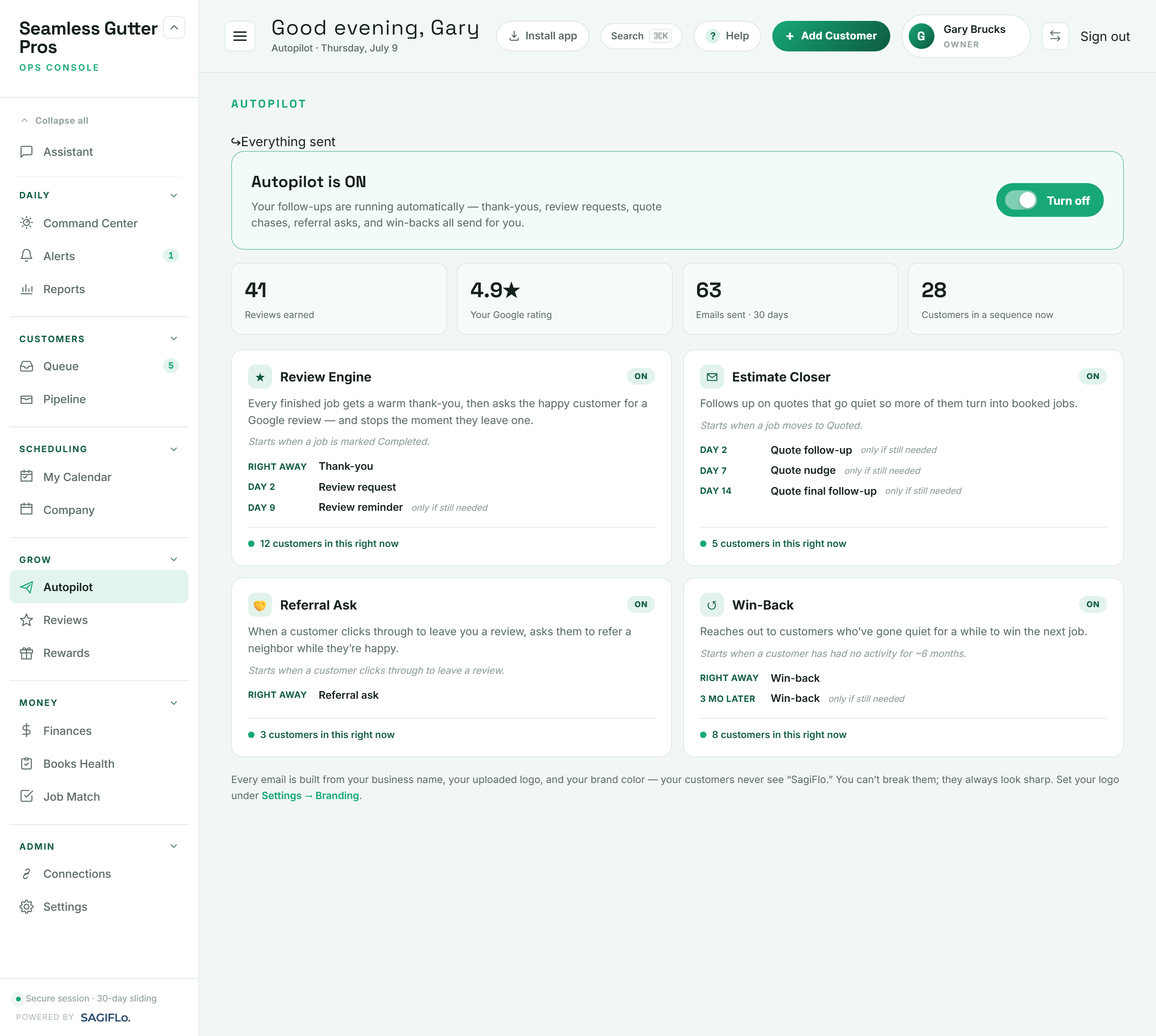 SagiFlo Autopilot screen showing four follow-up sequences with live enrollment counts and results.