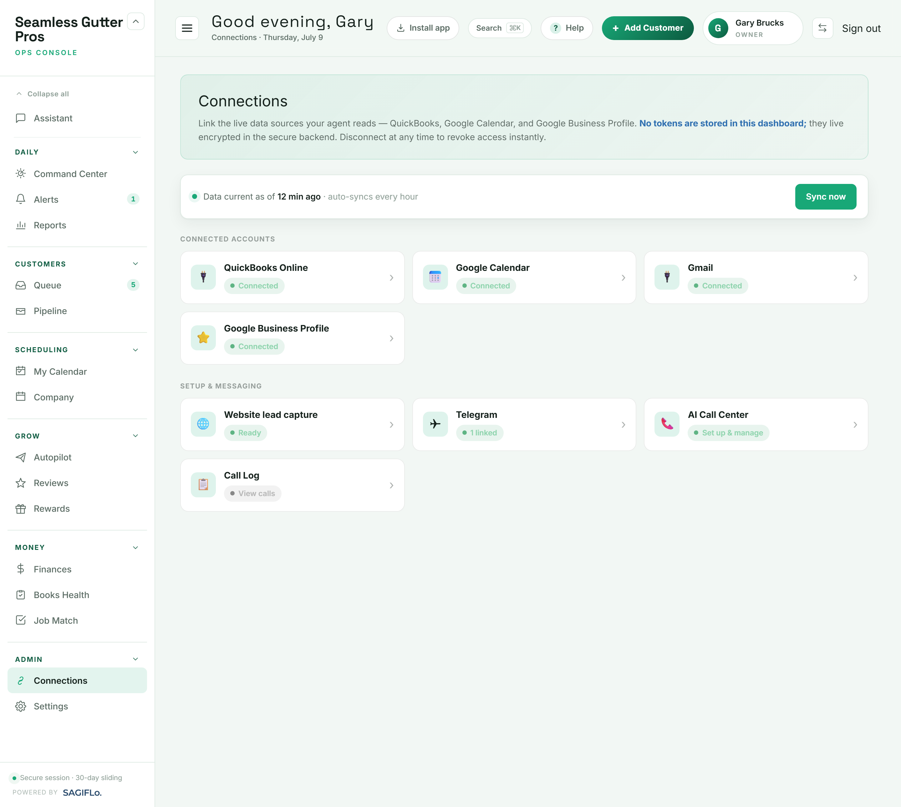 SagiFlo Connections screen showing QuickBooks, Google Calendar, Gmail, and Telegram integration cards, plus a text-reminder panel.