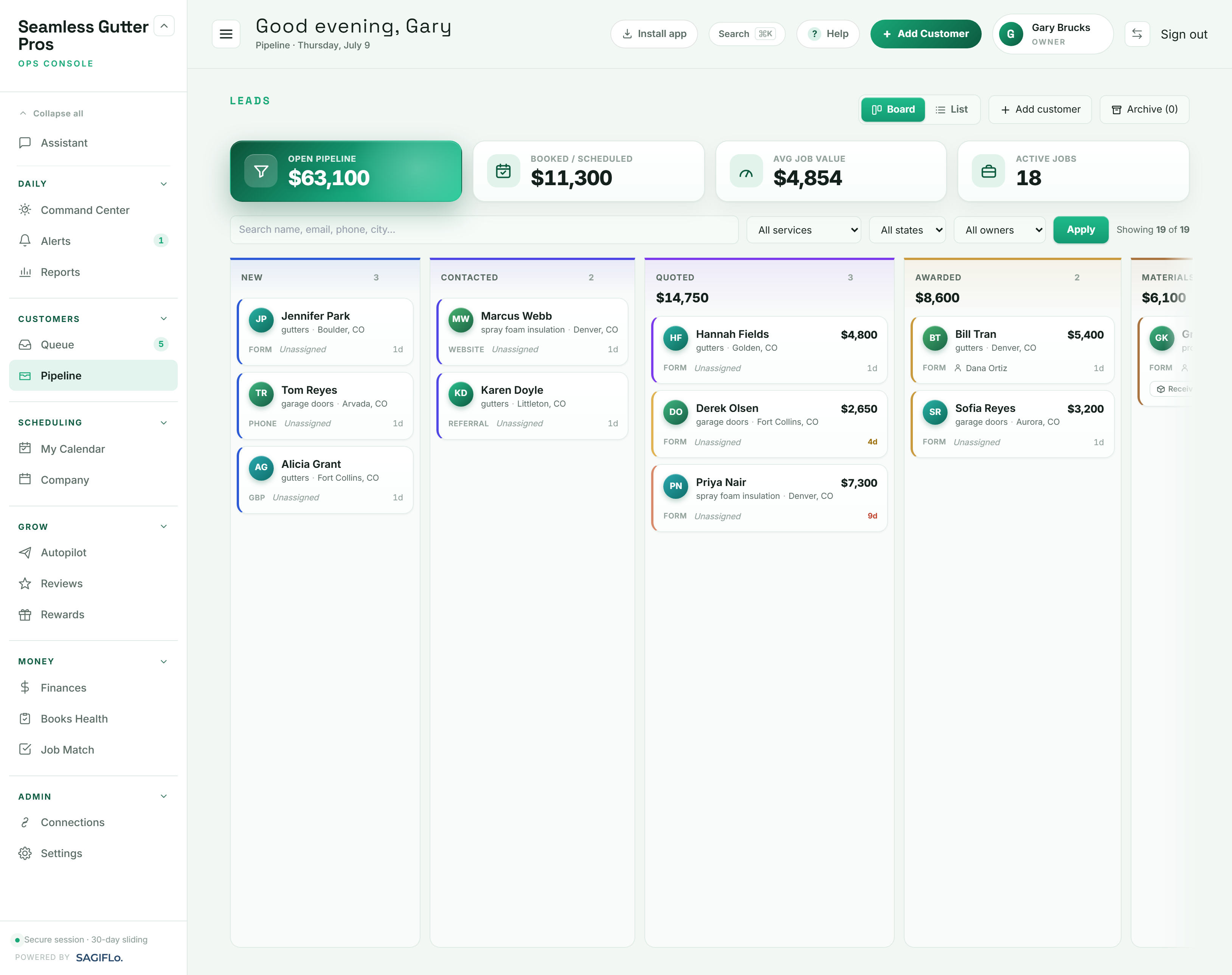 SagiFlo Pipeline kanban board with stage columns and aging lead cards showing job values and assignees.