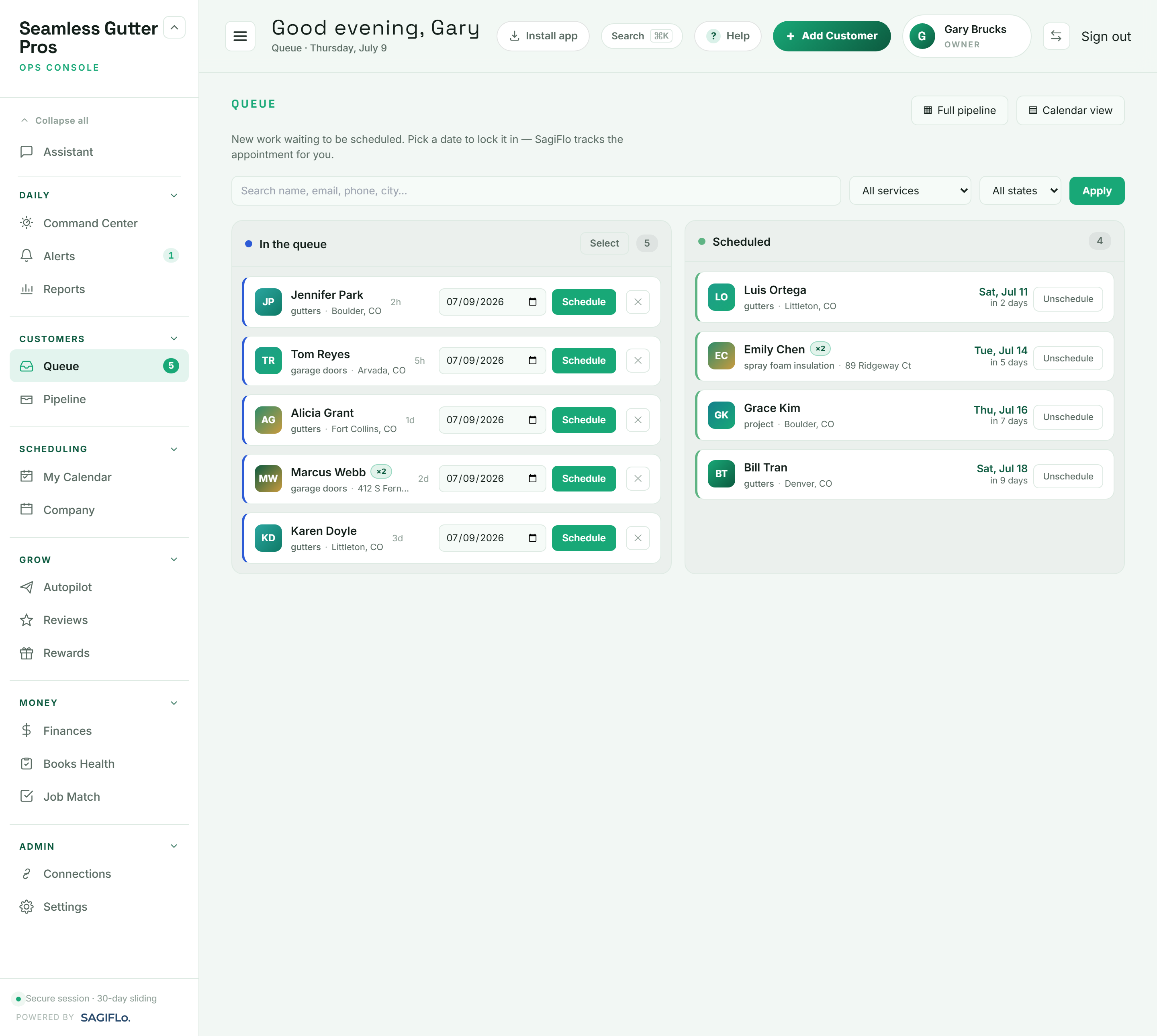 SagiFlo Queue screen showing jobs waiting to be scheduled and already-scheduled jobs with dates.