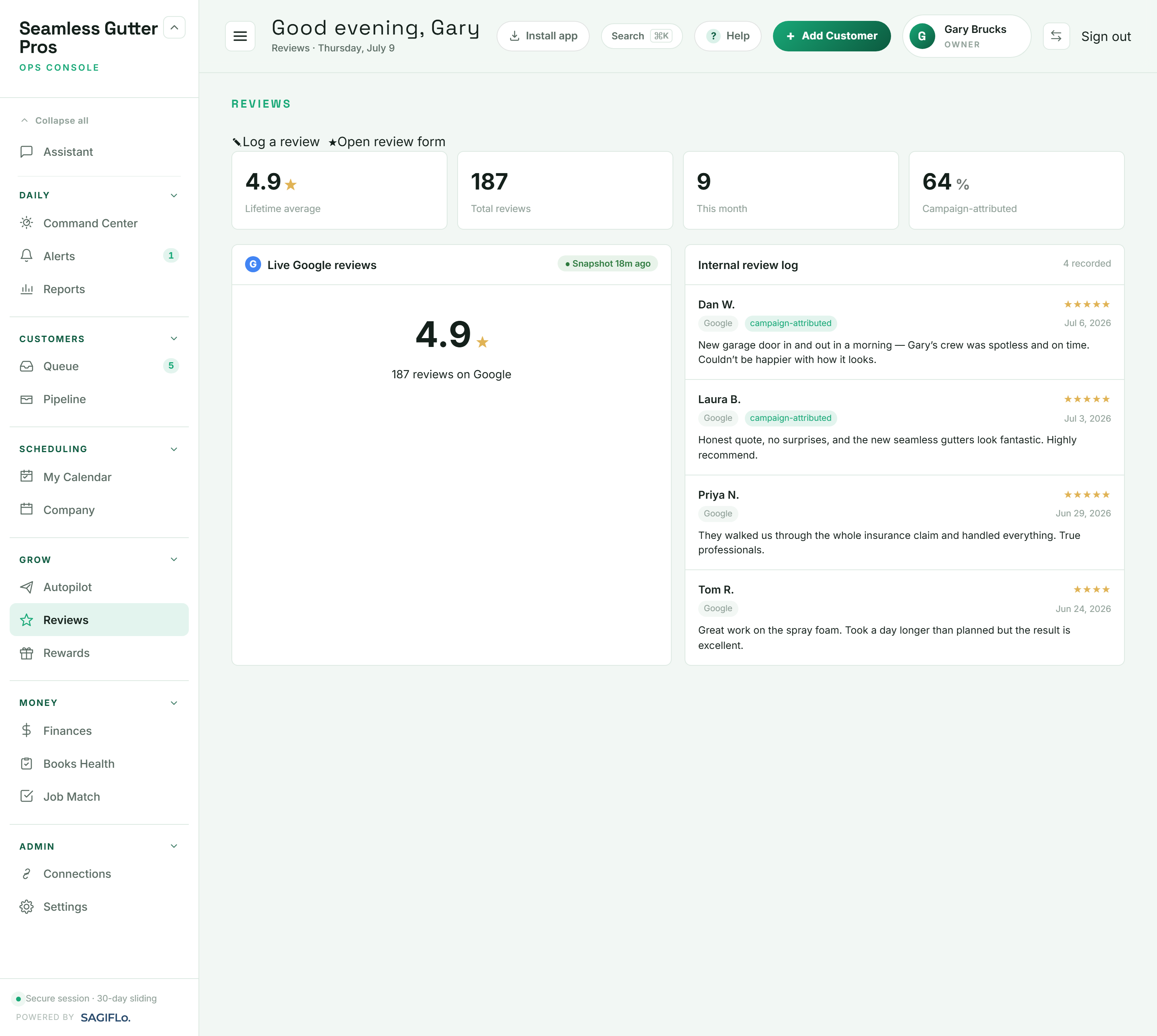 SagiFlo Reviews screen showing a live Google rating, review count, and a populated review log.