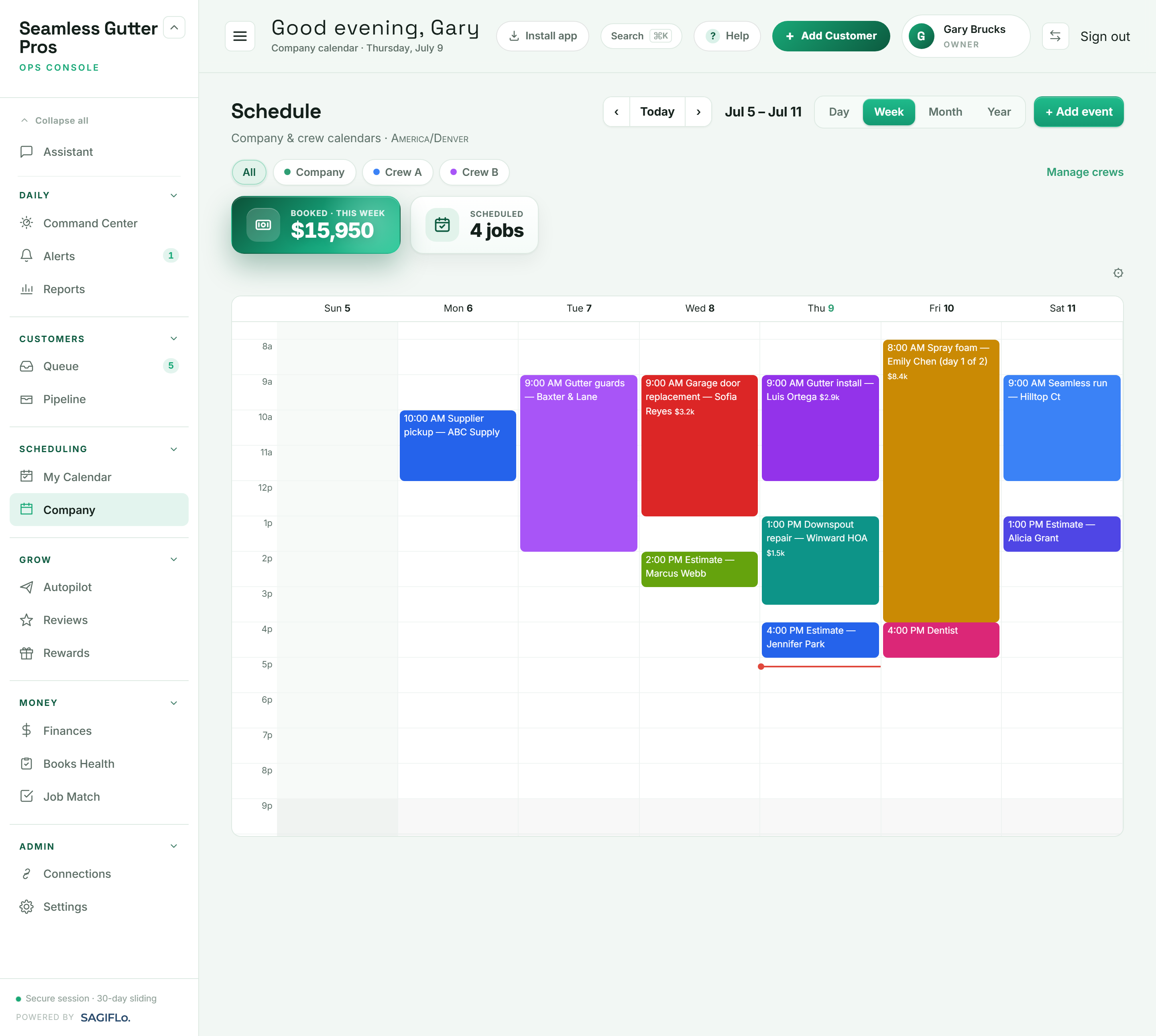 SagiFlo week calendar showing color-coded jobs with dollar values, crew filters, and a booked-this-week total.